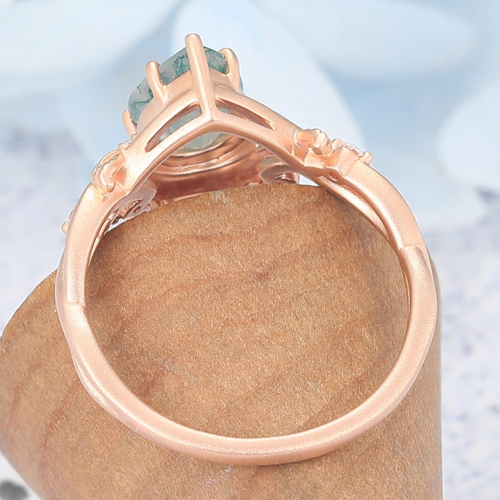 Unique Matte Finish Pear Cut Moss Agate Engagement Ring with Moissanite Accented