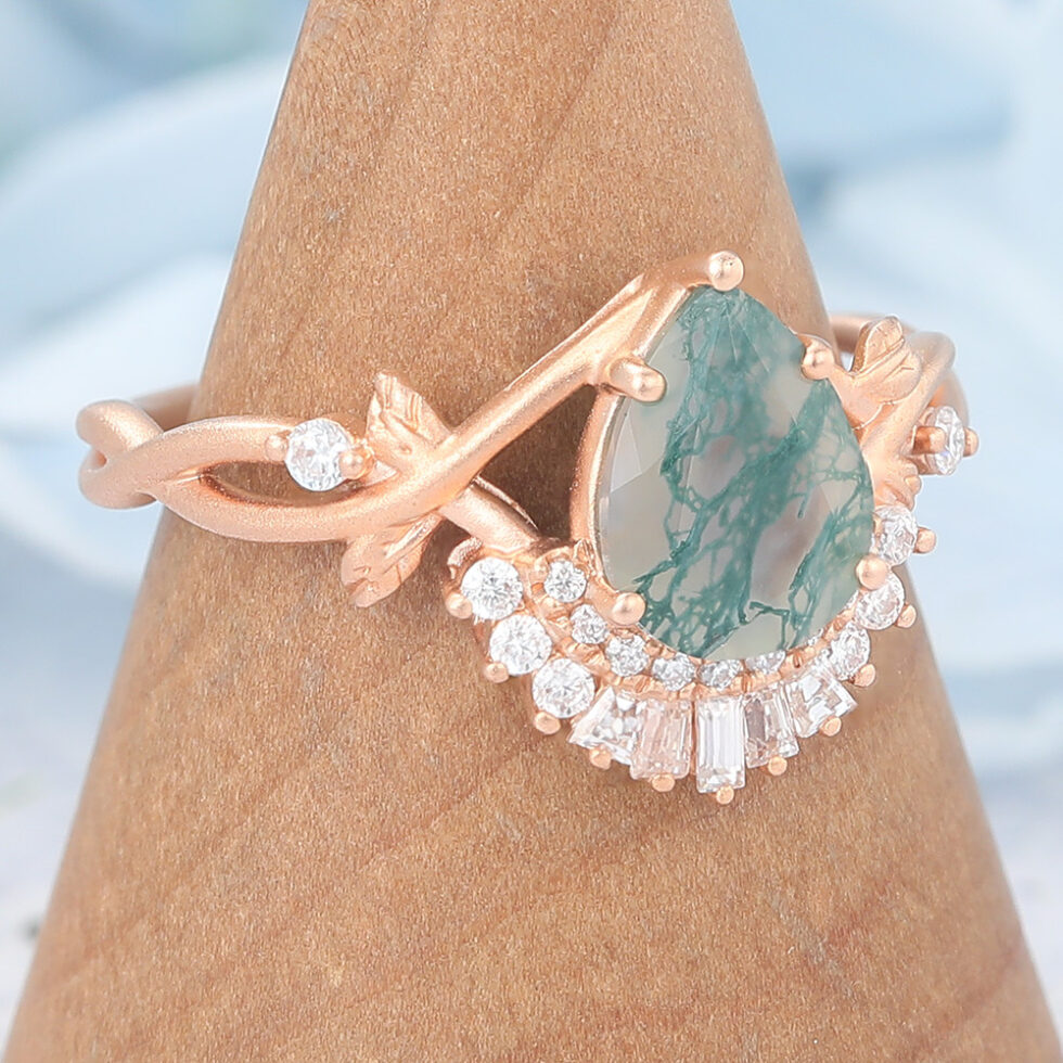 Unique Matte Finish Pear Cut Moss Agate Engagement Ring with Moissanite Accented