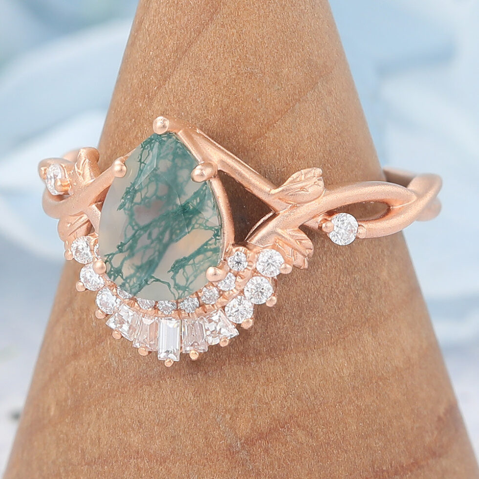 Unique Matte Finish Pear Cut Moss Agate Engagement Ring with Moissanite Accented