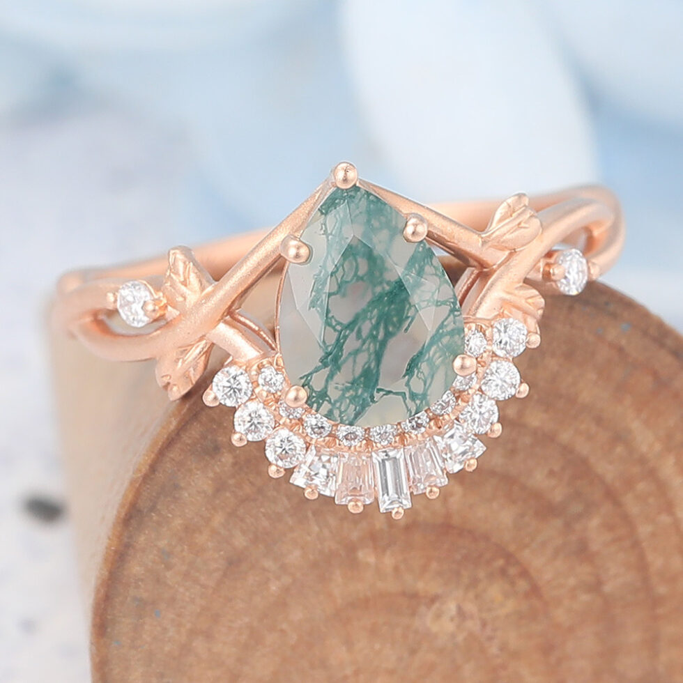 Unique Matte Finish Pear Cut Moss Agate Engagement Ring with Moissanite Accented