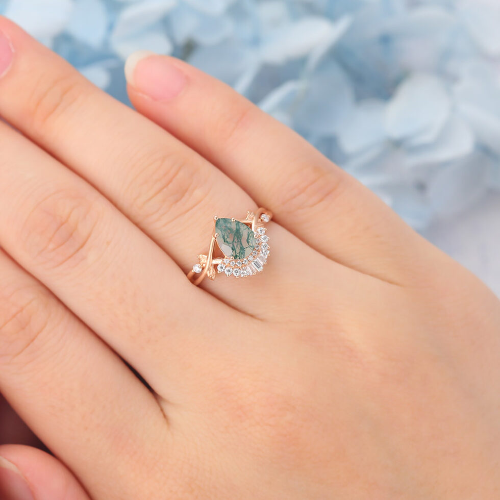 Unique Matte Finish Pear Cut Moss Agate Engagement Ring with Moissanite Accented