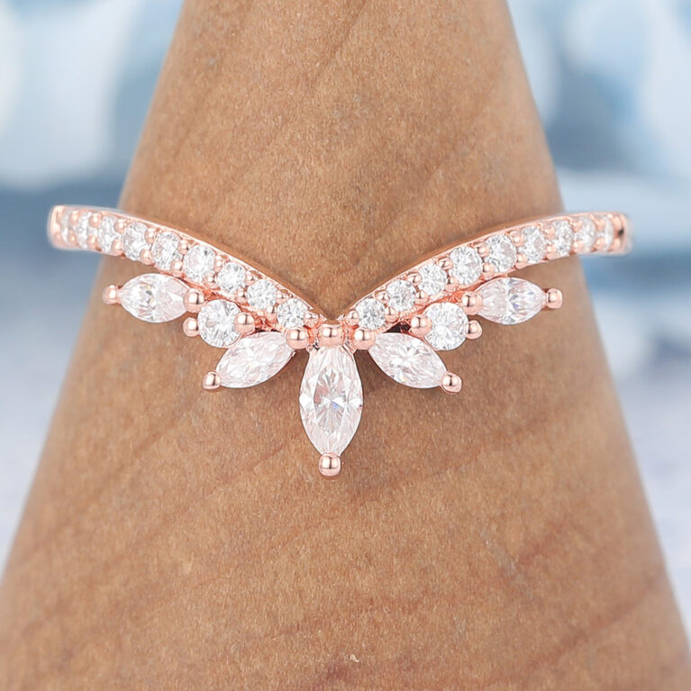 Unique Moissanite Curved Wedding Band Rose Gold Women