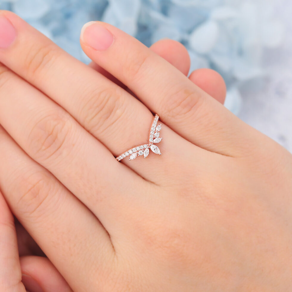 Unique Moissanite Curved Wedding Band Rose Gold Women