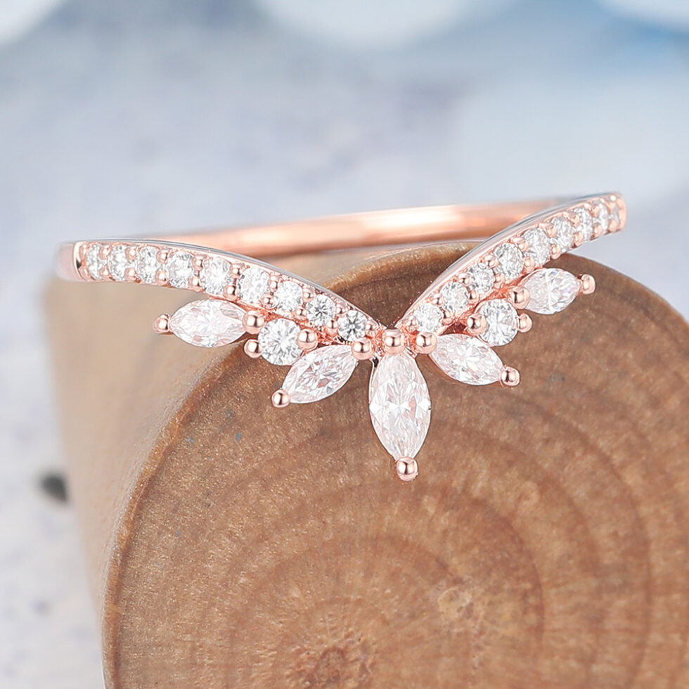 Unique Moissanite Curved Wedding Band Rose Gold Women