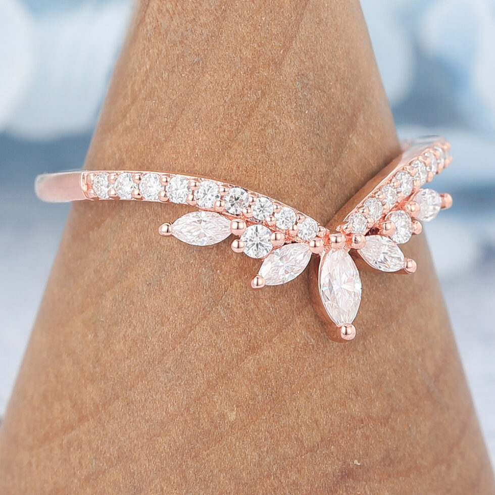 Unique Moissanite Curved Wedding Band Rose Gold Women