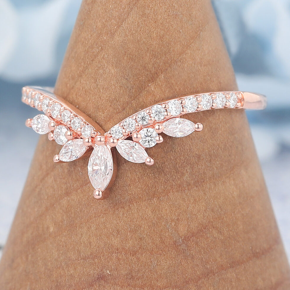 Unique Moissanite Curved Wedding Band Rose Gold Women
