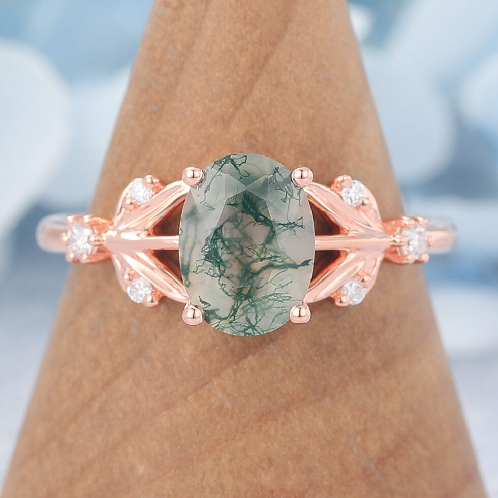 Unique Oval Cut Moss Agate Engagement Ring With Moissanite Accent