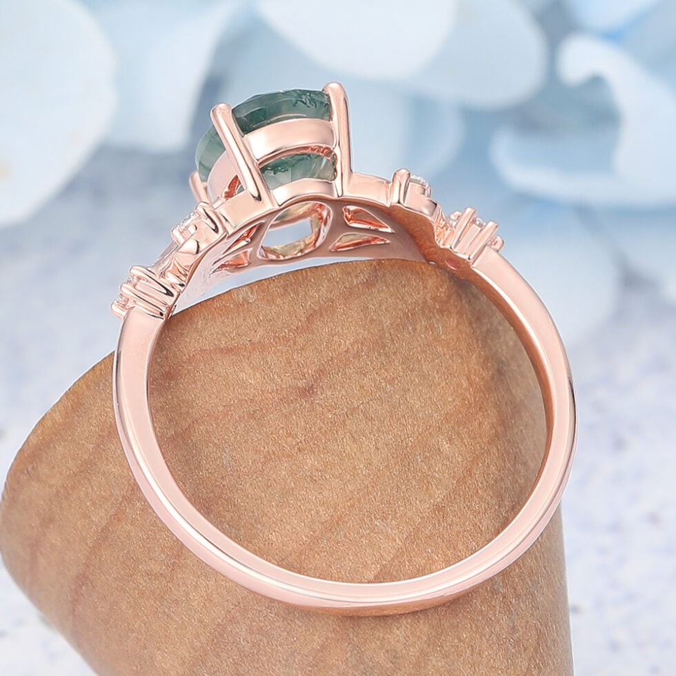 Unique Oval Cut Moss Agate Engagement Ring With Moissanite Accent