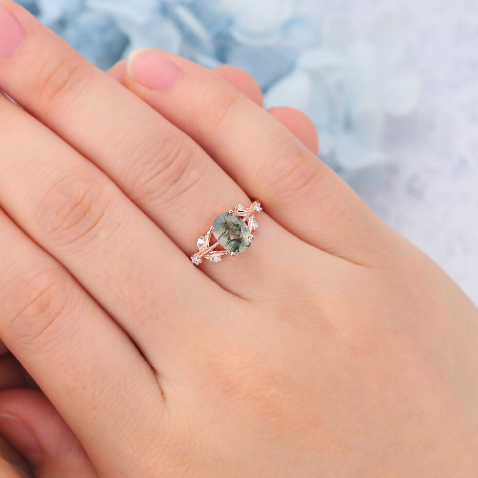 Unique Oval Cut Moss Agate Engagement Ring With Moissanite Accent