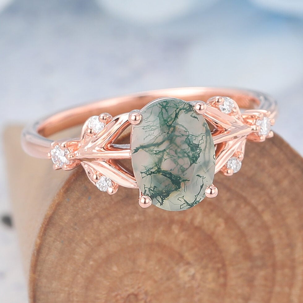 Unique Oval Cut Moss Agate Engagement Ring With Moissanite Accent