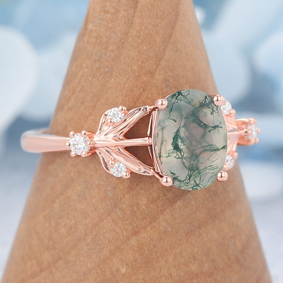 Unique Oval Cut Moss Agate Engagement Ring With Moissanite Accent