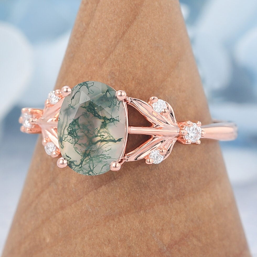 Unique Oval Cut Moss Agate Engagement Ring With Moissanite Accent