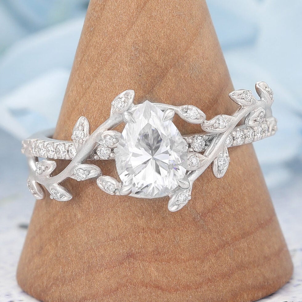 Matte Finish Pear Shaped Moissanite Engagement Ring Leaf Bridal Ring