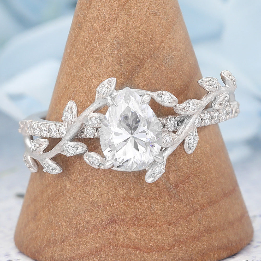 Matte Finish Pear Shaped Moissanite Engagement Ring Leaf Bridal Ring