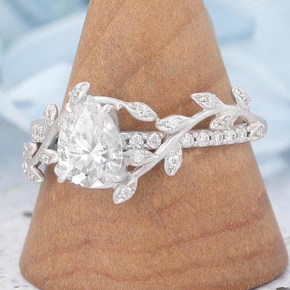 Matte Finish Pear Shaped Moissanite Engagement Ring Leaf Bridal Ring