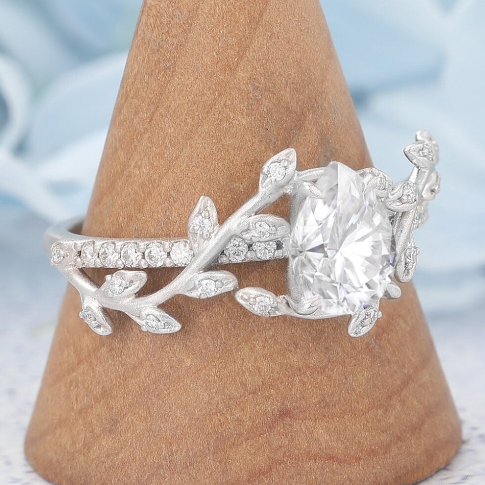 Matte Finish Pear Shaped Moissanite Engagement Ring Leaf Bridal Ring