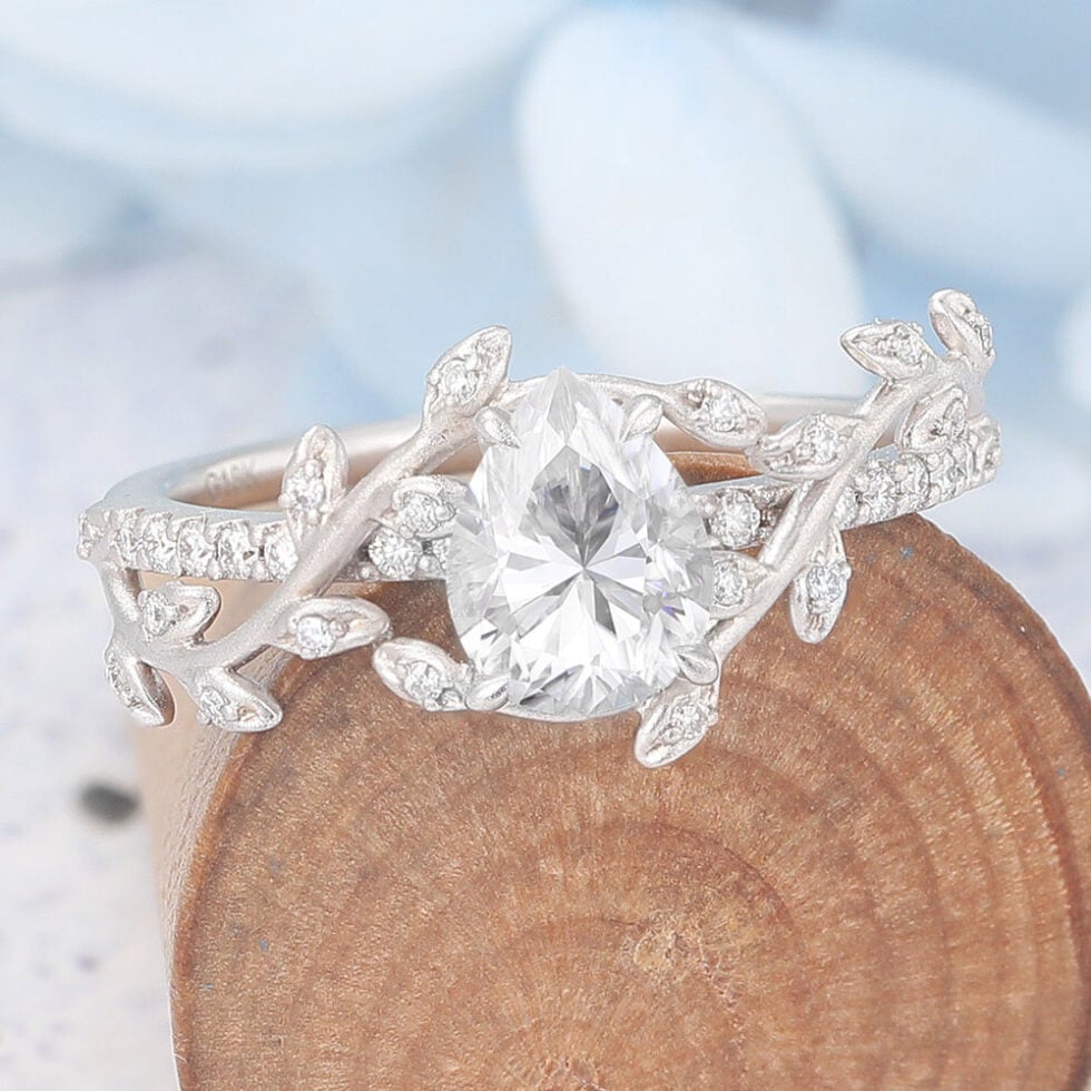 Matte Finish Pear Shaped Moissanite Engagement Ring Leaf Bridal Ring