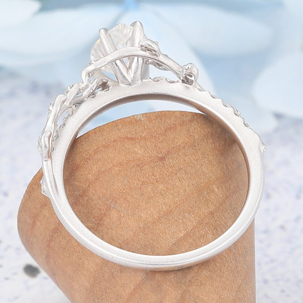 Matte Finish Pear Shaped Moissanite Engagement Ring Leaf Bridal Ring