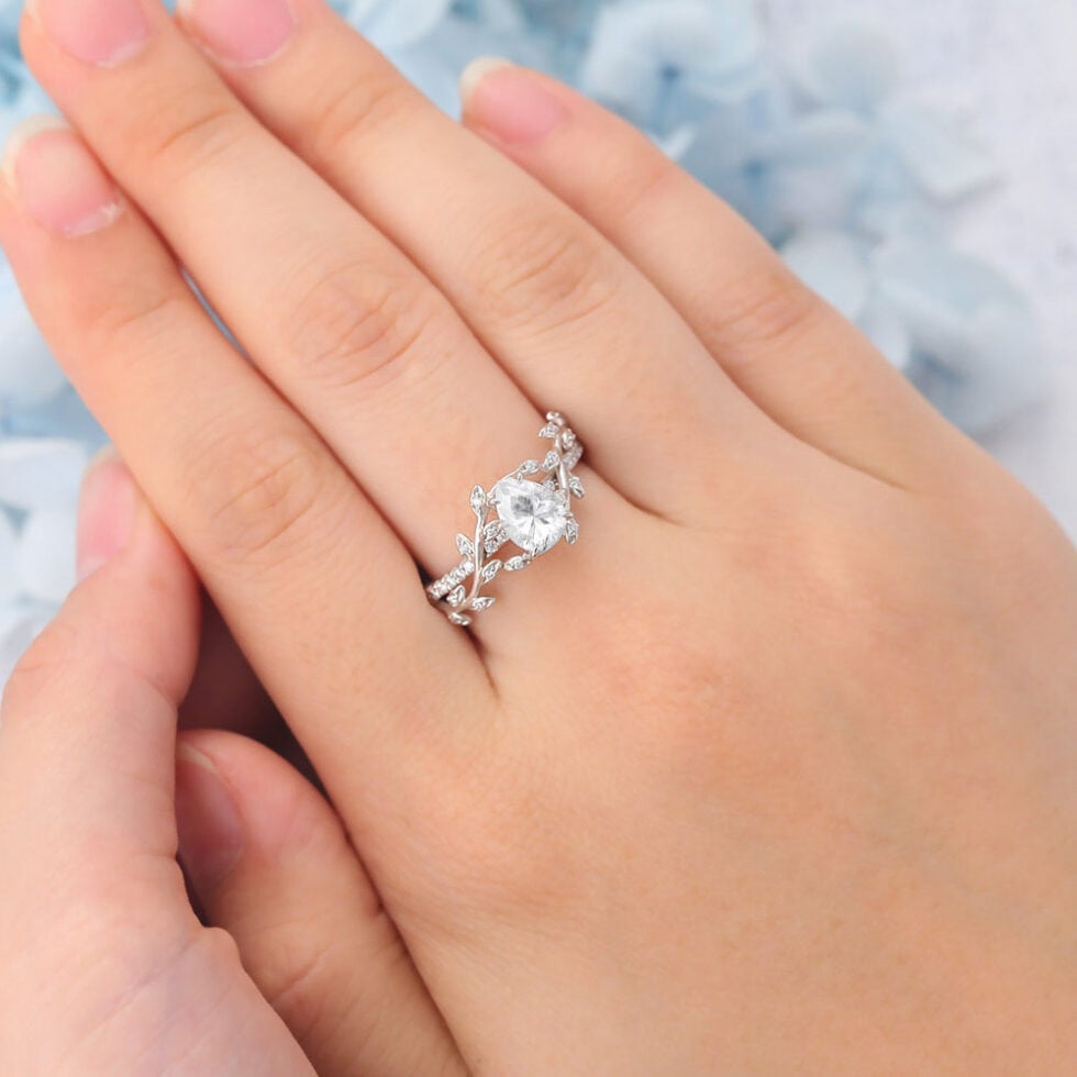 Matte Finish Pear Shaped Moissanite Engagement Ring Leaf Bridal Ring