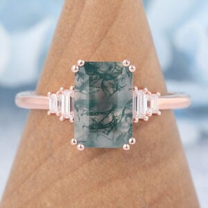Vintage Emerald Cut Moss Agate Engagement Ring