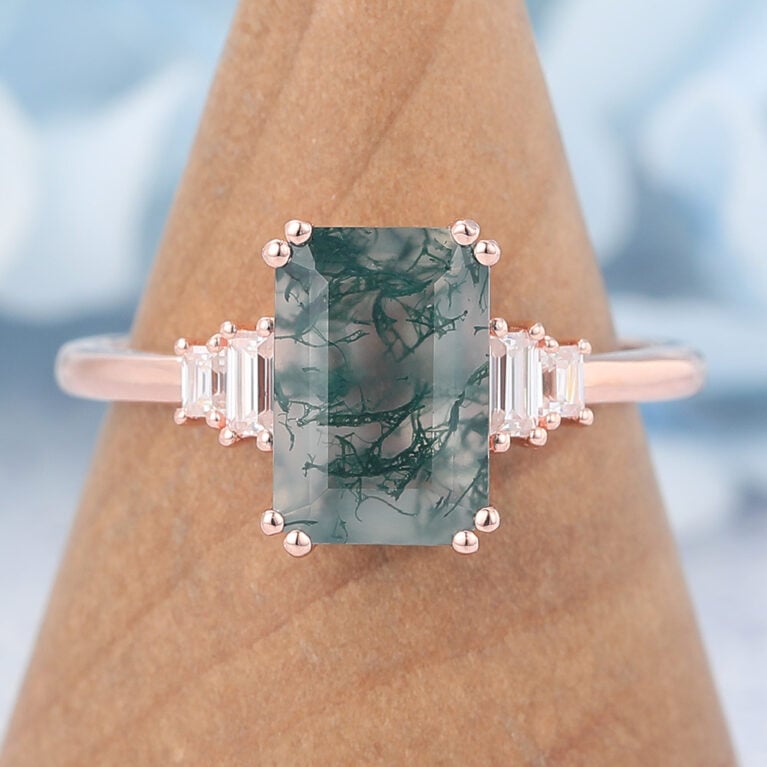 Vintage Emerald Cut Moss Agate Engagement Ring