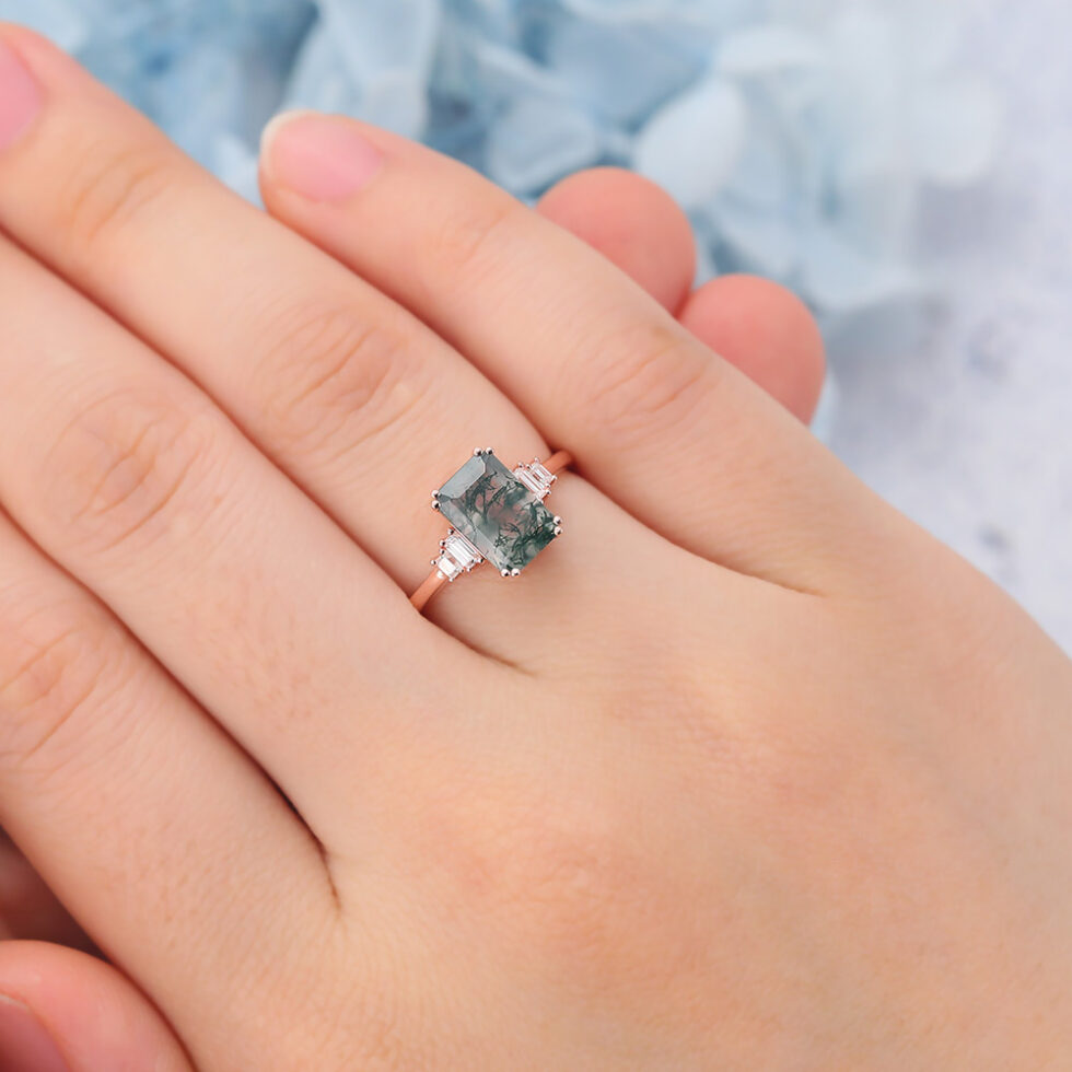 Vintage Emerald Cut Moss Agate Engagement Ring