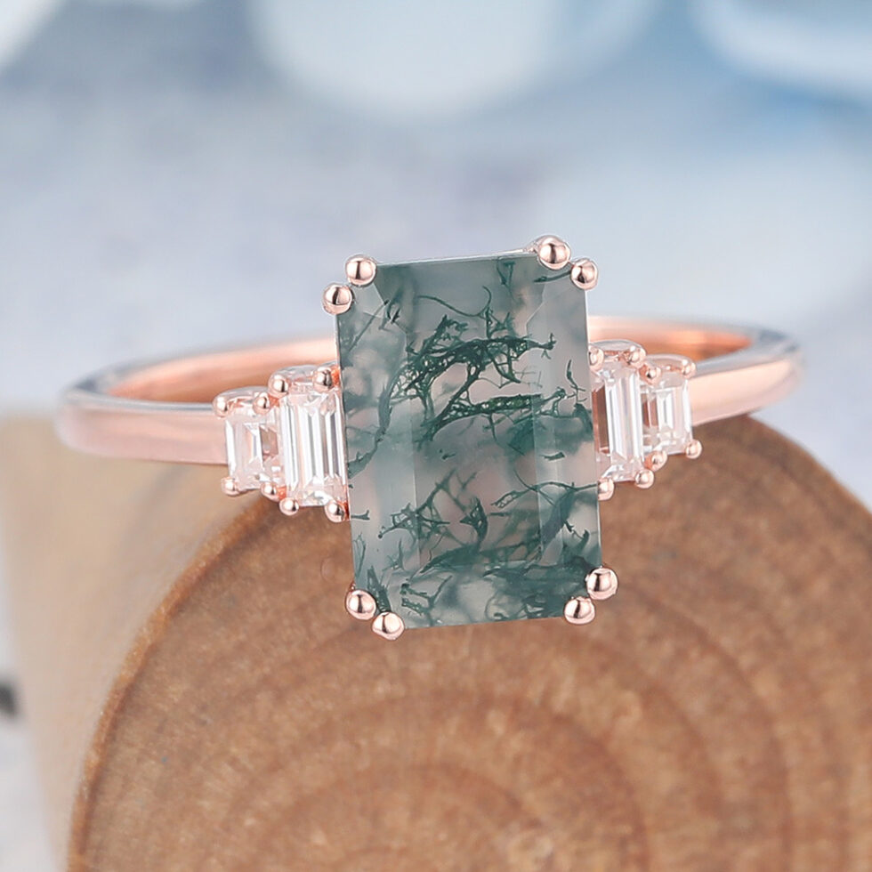 Vintage Emerald Cut Moss Agate Engagement Ring