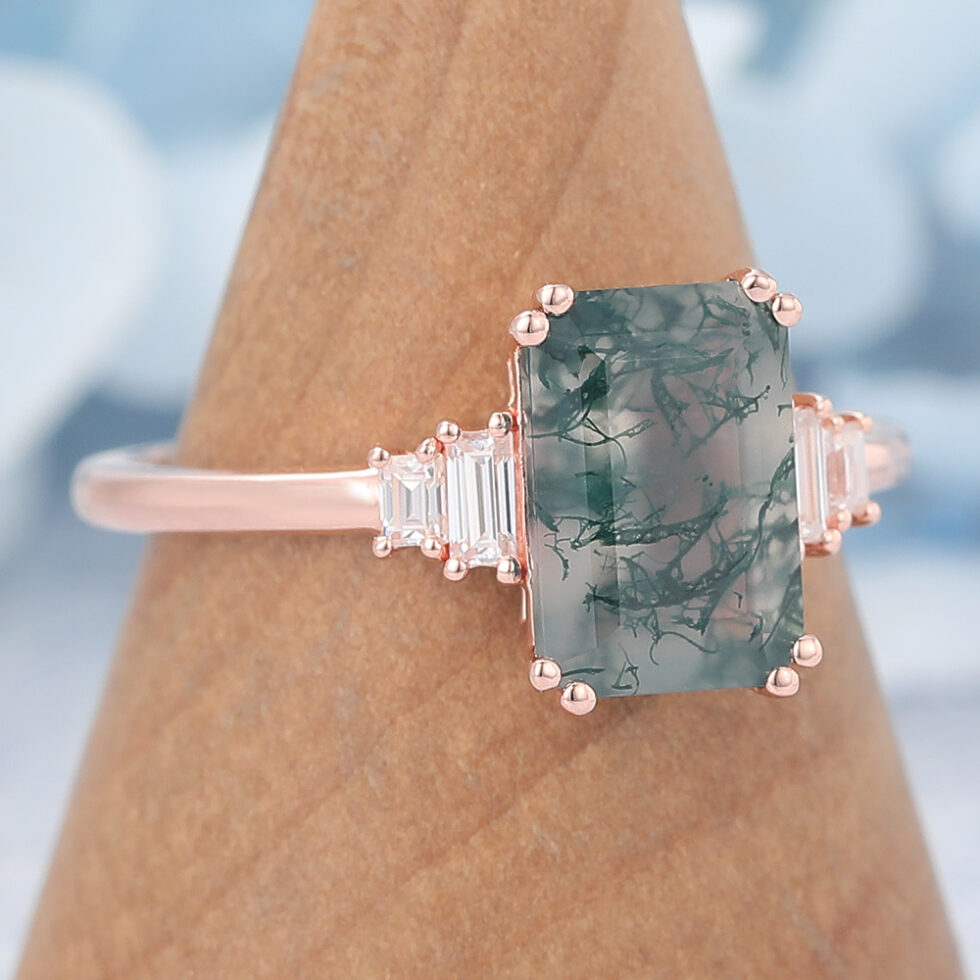 Vintage Emerald Cut Moss Agate Engagement Ring