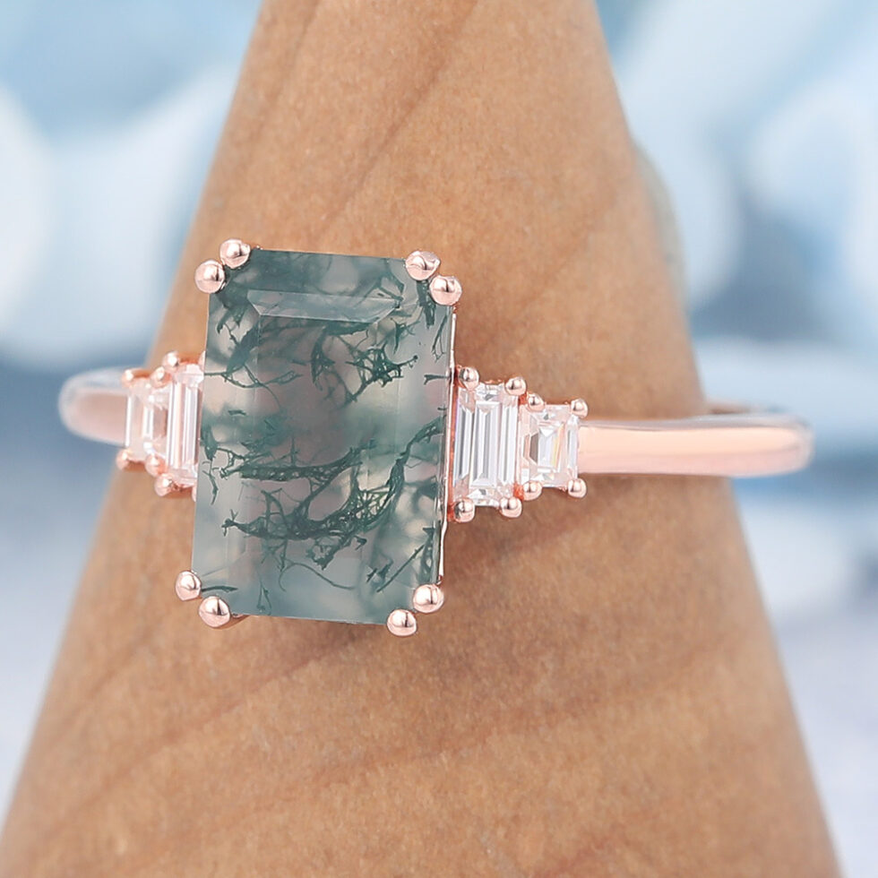 Vintage Emerald Cut Moss Agate Engagement Ring