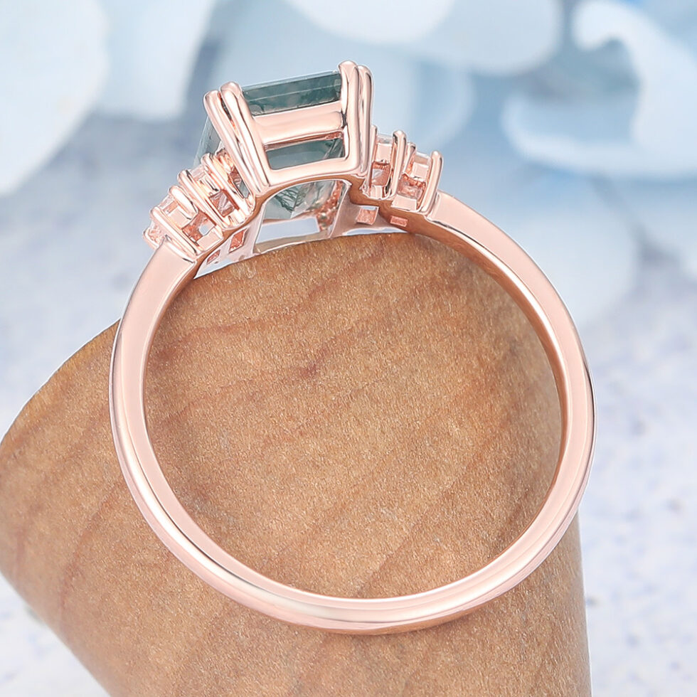 Vintage Emerald Cut Moss Agate Engagement Ring