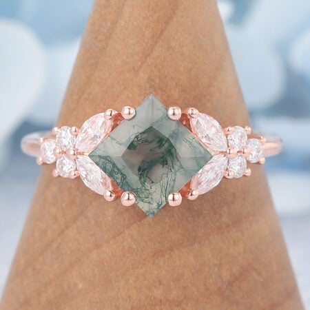 Vintage Princess Cut Moss Agate Cluster Engagement Ring