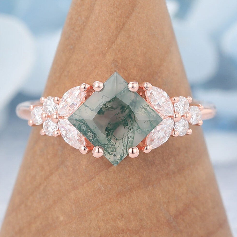 Vintage Princess Cut Moss Agate Cluster Engagement Ring