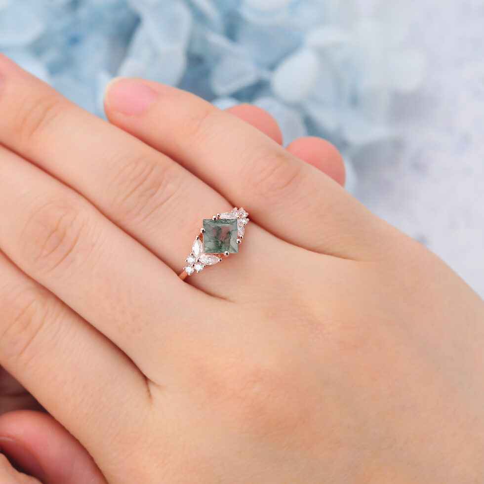 Vintage Princess Cut Moss Agate Cluster Engagement Ring