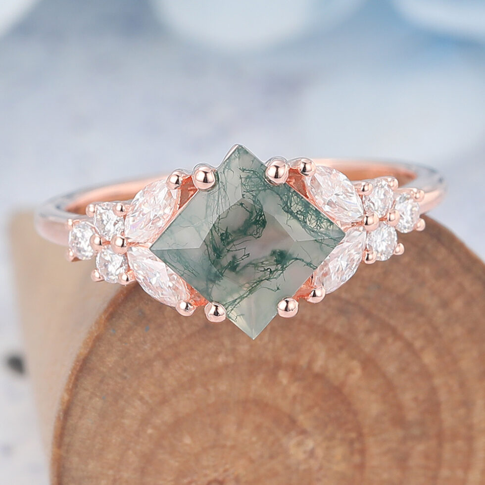 Vintage Princess Cut Moss Agate Cluster Engagement Ring
