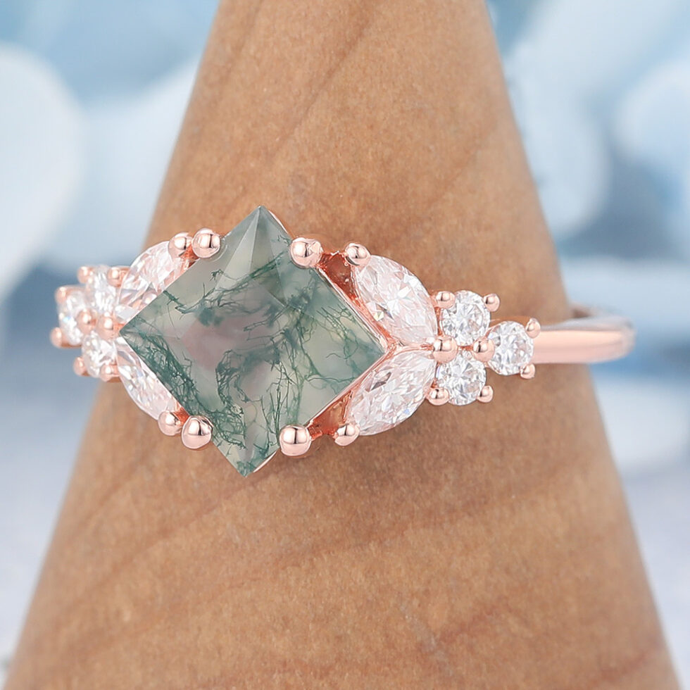 Vintage Princess Cut Moss Agate Cluster Engagement Ring