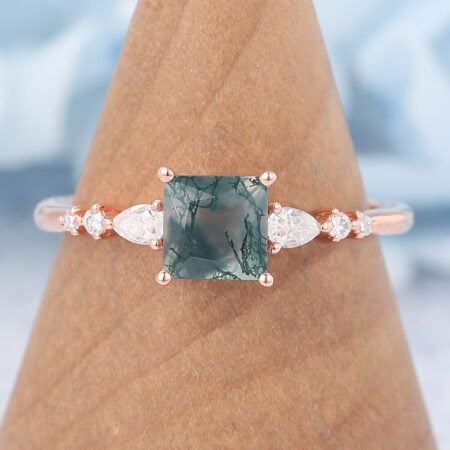 Vintage Princess Cut Moss Agate Engagement Ring Rose Gold