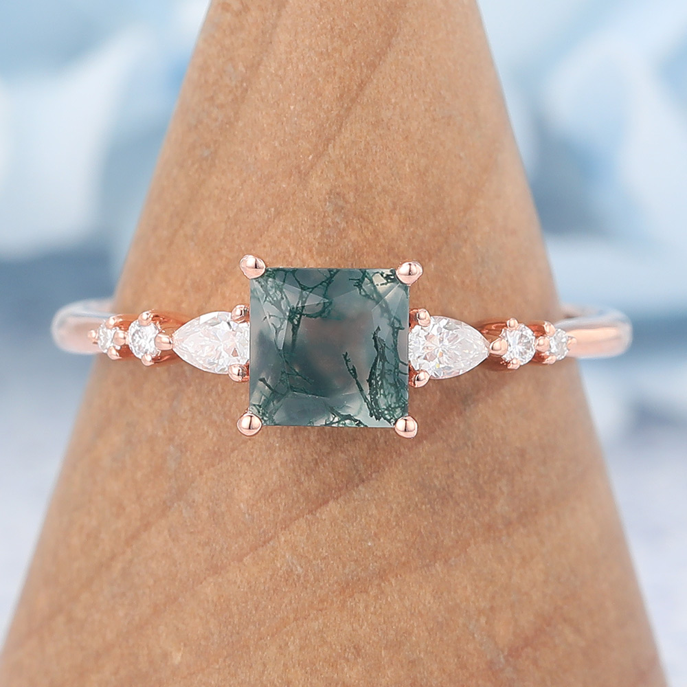 Vintage Princess Cut Moss Agate Engagement Ring Rose Gold