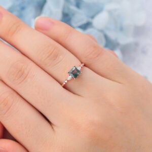 Vintage Princess Cut Moss Agate Engagement Ring Rose Gold